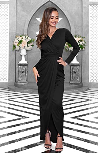 Koh Koh Plus Size Womens Long Sleeve Full Length V-Neck Sexy Wrap Empire Waist Formal Winter Fall Cocktail Wedding Evening Gown Gowns Maxi Dress Dresses, Black Xl 14-16 #TOP3