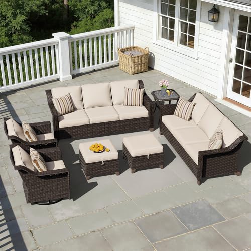 Image of 7 Piece Patio Furniture Set, Wicker Outdoor Conversation Set | Patio Chair Set with Olefin Removable Cushion, All-Weather Outdoor Couch with Deep Seat for Porch, Deck and Backyard, Beige