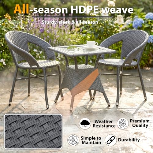 Image of BRISHI 3-Piece Outdoor Rattan Wicker Patio Square Coffee Table Set | Garden Furniture for Balcony, Terrace, Poolside & Porch | Waterproof Bistro Sets for Home & Backyard (Grey)