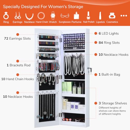 GISSAR Full Length Mirror Jewelry Cabinet, 6 LEDs Jewelry Armoire Wall Mounted Over The Door Hanging, Jewelry Organizer Display Storage Furniture with Lights Locker Mirrored Cabinet, 39.4\" H, White - Thumbnail 4