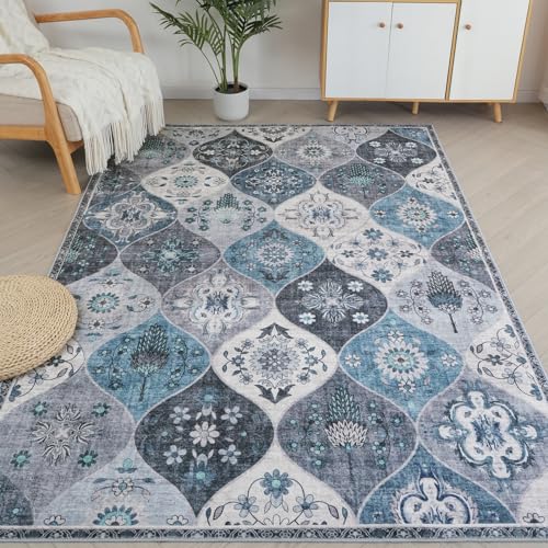 Xfrog Blumen Boho Teppich - Rutschfester Waschbarer Ultraweicher Antiker Niedriger Flor Flächenteppich für Wohnzimmer, Schlafzimmer… – Ansicht 1