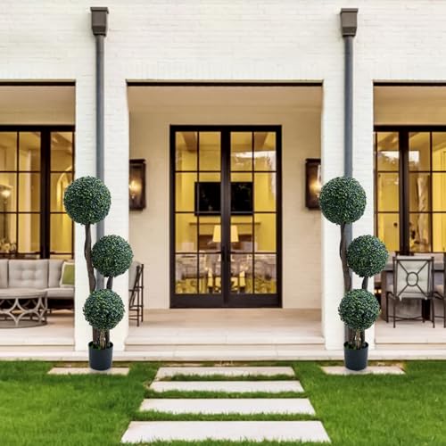 Artificial Topiary Ball Tree Indoor and Outdoor, 35 Inch Faux Boxwood Plants Topiary Triple Ball Tree Milan Grass Ball Trees for Porch or Garden Home Decor, 1 Pack