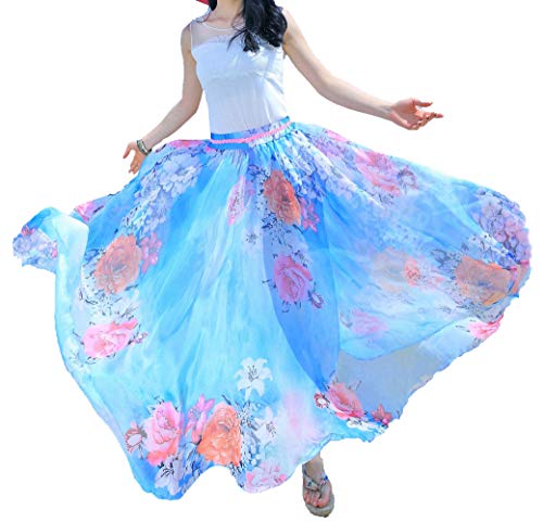 Afibi Women Chiffon Maxi Skirt withElastic Waist, Floral Print