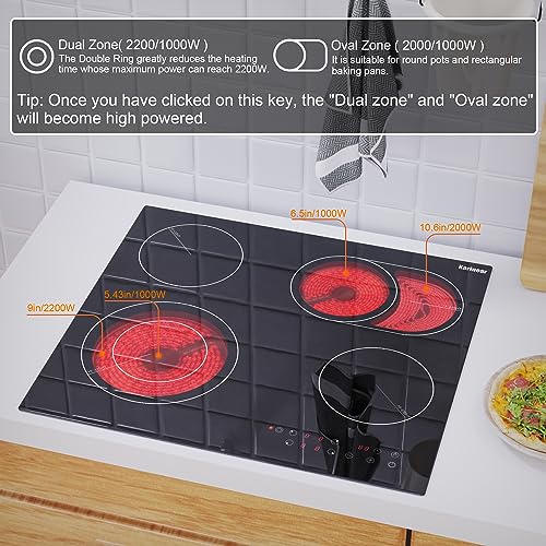 Karinear Ceramic Hob, 60cm Built-in 4 Zones Electric Cooktop with Dual Oval Zone 6600W, Hard Wired, No Plug Included