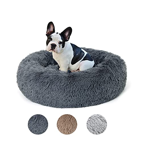 Lucky Sign Katzenbett Waschbar Flauschig Hundebett Rund Hundekissen Kuschel Katzenkissen Warm Katzenkorb Zum Schlafen für Mittelgroße Hunde und Große Katzen, (L) 60 cm Ø - Dunkelgrau