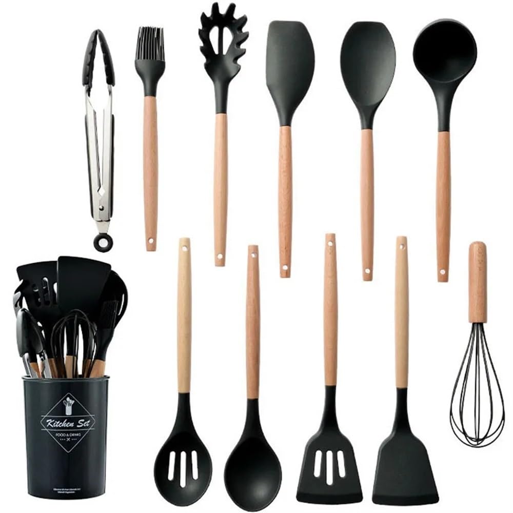 12-teiliges Küchenutensilien-Set aus Silikon, antihaftbeschichtet, Küchenhelfer mit Holzgriff, Pfannenwender, Eierrührer, Küchenzubehör (Schwarz, 12 Stück)