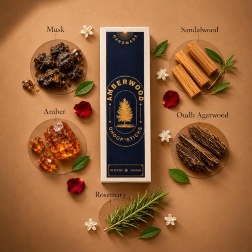 Image of Dhoop Sticks | Refill Pack of 40 Bamboo-Free Compressed Incense for Home & Meditation | Pooja & Rituals (Amberwood) Stand not Included