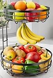 Sakugi Fruit Basket for Kitchen Counter - 2-Tier Large Capacity Fruit Bowl with Detachable Banana Hanger, Rust-Proof Metal Fruit Holder for Vegetables, Bread, Toiletry,10" D x 10" W x 14" H, Black