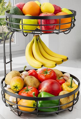 Sakugi Fruit Basket for Kitchen Counter - 2-Tier Large Capacity Fruit Bowl with Detachable Banana Hanger, Rust-Proof Metal Fruit Holder for Vegetables, Bread, Toiletry,10' D x 10' W x 14' H, Black