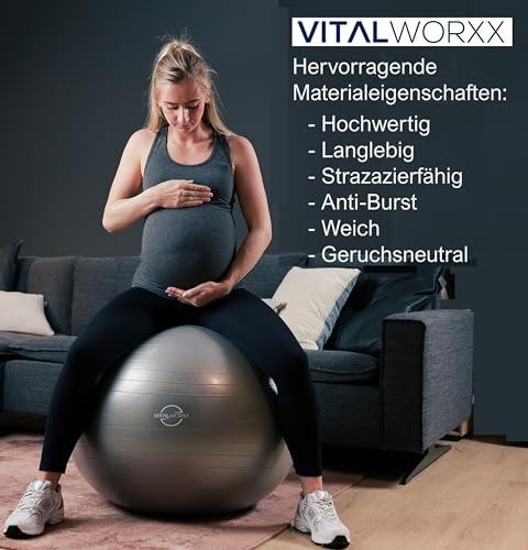 Foto von VITALWORXX Gymnastikball für Schwangere, extrem stabil, Sitzball Yogaball Pezziball mit Pumpe, mit Übungen für Schwangerschaft, Geburt, Gesundheit,