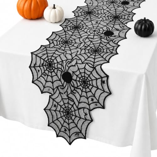 Oeyliz Halloween Decorations Black Lace Spider Web Table Runner 18 x 72Inch - image 1
