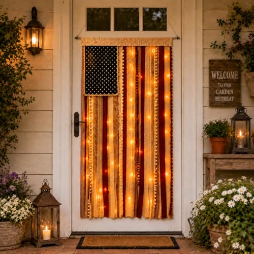 Lighted Rag American Flag Banner 4 x 2.3 Ft Rag American Flag Banner for Home Party Supplies Patriotic Wall Hanging for Memorial Day Independence Day Party Farmhouse Home Decor (Style2)