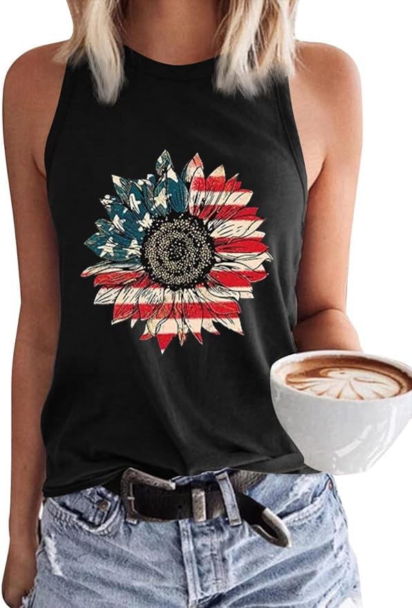 PUCKOLITY American Flag Patriotic Tank Tops for Women 4th of July Shirt USA Flag Stars Stripes Graphic Tank Tops Summer Tee