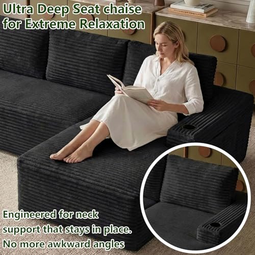 Image of 104.3 inch Modular Sectional Sofa,Modern Corduroy Cloud Couch with Cup Holder & Side Pockets,Boneless Couch Upholstered 4-Seater L-Shaped Sofa for Living Room,No Assembly (Black, Right-Facing Chaise) | with Cup Holder