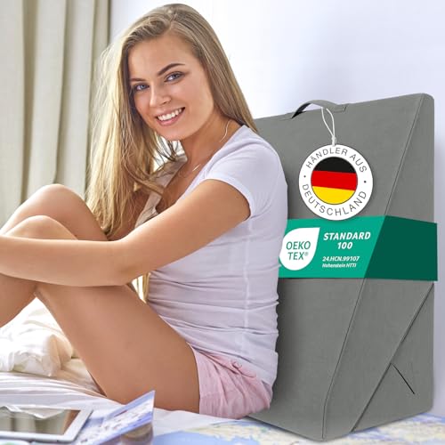 ELONEO Multifunktionales Keilkissen, Rückenkissen, Kniestütze, Beinstütze, Venenkissen für Couch und Sofa, Lesekissen, Größe W55 x H56 x L30. 5 cm, Grau