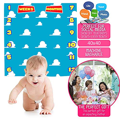 Image of Blue Sky White Clouds Baby Monthly Milestone Blanket, Soft Flannel, 40x40in | Cartoon Nursery Swaddling Blankets for Newborn, Baby Shower Age Growth Tracker with Bonus Maker, Photo Props, Newmom Gifts