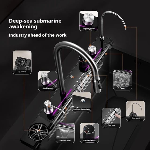 Image of X-XONIER 304 Single Bowl Kitchen Sink SS 304 Glass top Tempurature Display Multipurpose Multifunction 3 Mode Tap with Pulldown Feature Soap Dispenser Gla With 2 Tray