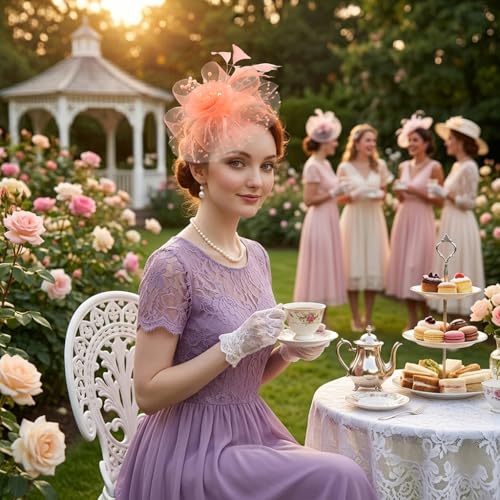 Image of DRESHOW Fascinators Hat Flower Mesh Ribbons Feathers on a Headband and a Clip Tea Party Headwear for Girls and Women