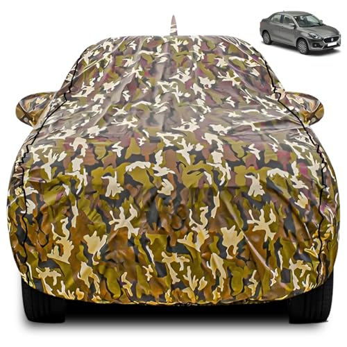 Image of FABTEC Car Body Cover for Maruti Dzire (2017-2024) Jungle Print with Soft Cotton Lining Waterproof UV & Rain Protection with Mirror and Antenna Pocket Bottom Elastic (Military /Camouflage Pattern)