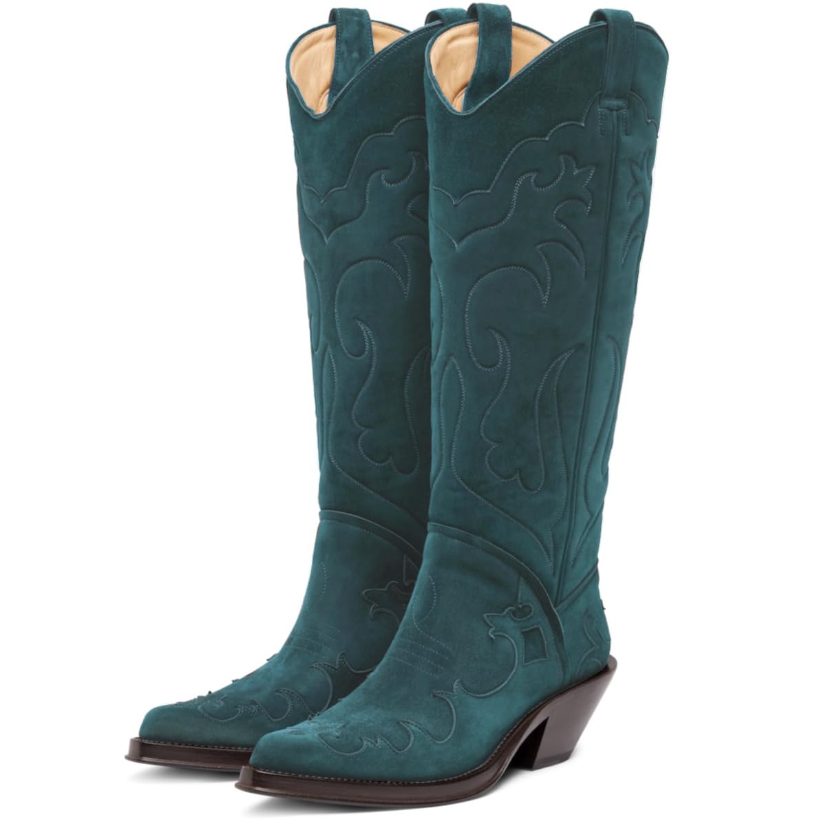 SHODENSE Women Suede Knee High Cowgirl Cowboy Boots Chunky Heel Pointed Toe Tall Western Boots Embroidered Pull On