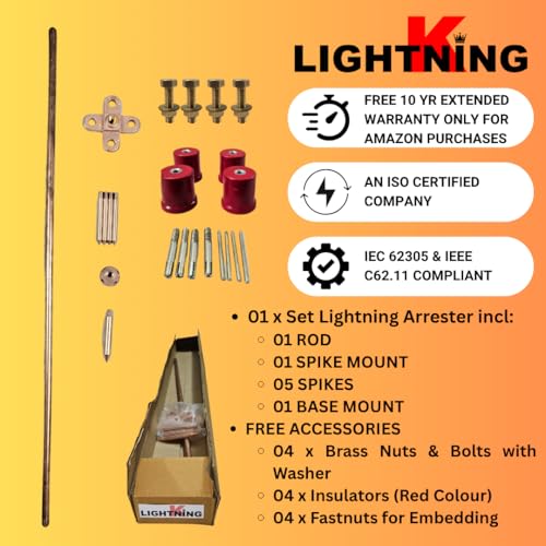 Image of Lighting Arrester for Home and Building Protection - Advanced Surge Protection - 5 Spikes | Pure Copper | 12 mm Dia | 1101 mm / 43 in Length | Base Plate 8.5x8.5 cm