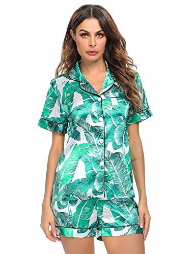 Image of LecGee Womens Silk Satin Pajamas Short Sleeve Loungewear Two-Piece Sleepwear Button-Down Pj Set