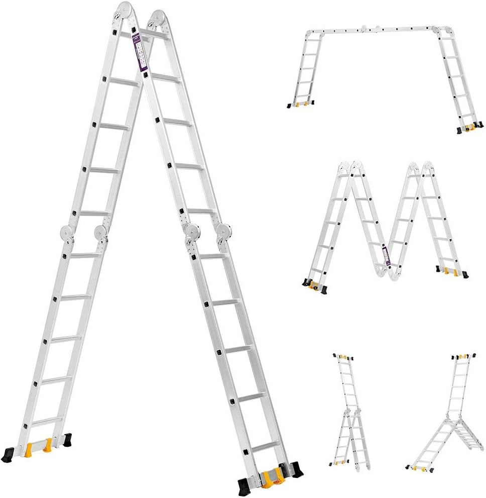 Finether Aluminium Folding Ladder 19ft Multi-Purpose Extension Ladder Heavy Duty with Safety Locking Hinges and 2 Panels EN131 Certified Four-Fold Ladder 331 Lbs Capacity
