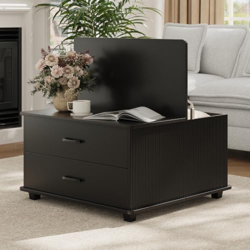 Image of MALOL Storage Coffee Table with 2 Drawers & Flip-Top Lid with Hidden Storage, Modern Fluted Wood Coffee Table, Solid Wood Legs, Square Center Table for Living Room, Black
