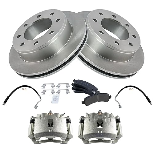 Image of TRQ Brake Pad, Caliper, Hose, & Rotor Kit Semi-Metallic Compatible with 2003-2010 Chevrolet Express 2500 2011-2012 Express 3500 GMC Savana 2500 2007-2012 Savana 3500
