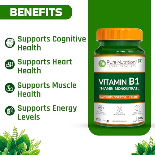 Image of Pure Nutrition Vitamin B1 Supplements (Thiamine Mononitrate) 1700 mcg | B1 Vitamin Thiamine Supplements Supports Energy, Brain, Heart & Muscle Health - 120 Veg Capsules