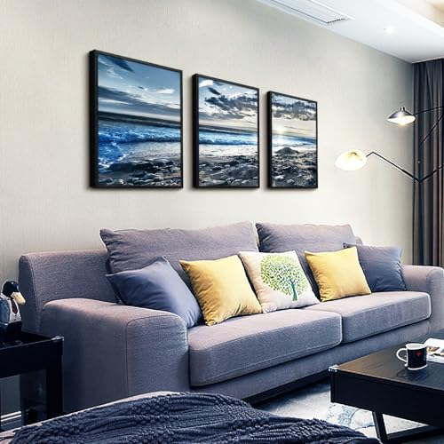 Lapremoly Black Framed Wall Art For Living Room Large Wall Decor For Bedroom Office Decorations Blue Beach Seascape Wall Pictures Ocean Landscape Painting Poster Prints Artwork Home Decor 3 Piece