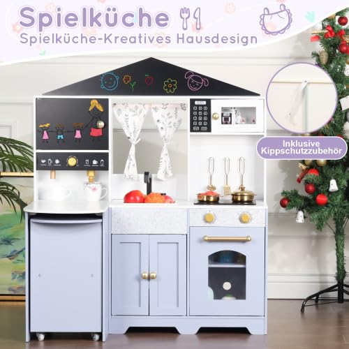 Kinder-Spielküche aus Holz in Hausform Rosa mit Kaffeemaschine, Backofen, Herd und Spüle, Komplettzubehör für Kinder ab 3 Jahren