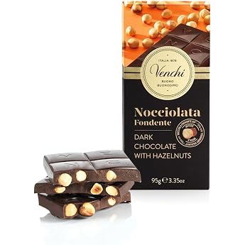 Venchi - 60% Dark Chocolate Bar with Hazelnuts 95 g with Whole Piedmont Hazelnut Gluten Free Vegan No Dyes and No Preservatives