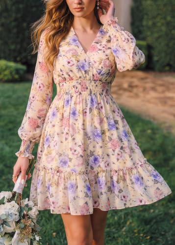 Image of Prettywear Women's Chiffon Long Sleeve Wrap Neck Wedding Guest Mini Dress | Wrap V Neck Smocked Waist Flowy Dress, Spring Fall Outfits for Cocktail, Vacation, Date Night Party
