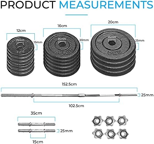 FIT4HOME Cast Iron Weight Set 50kg With Free Carry Case | Weight Lifting Strength Training Body Building Workout | Home Gym Dumbbells Barbell Set