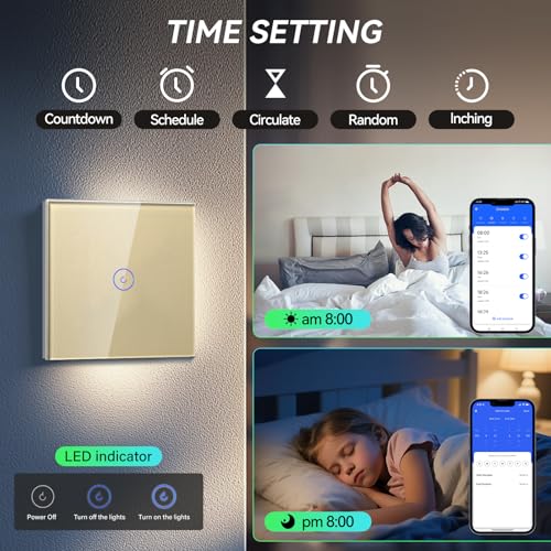 BSEED Smart Lichtschalter 1 Fach 2 Wege Wifi Smart Lichtschalter arbeitet mit Amazon Alexa and Google Home,Glas Touchscreen-schalter Gold-2 Pack(Erforderlich NeutralDraht)
