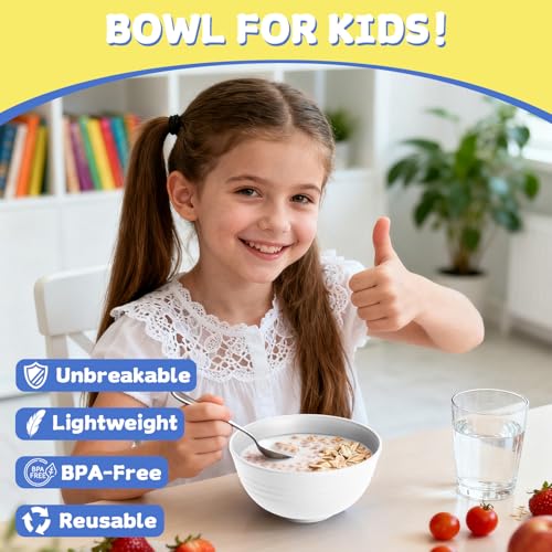Image of Wheat Straw Bowls 26 OZ, Plastic Bowls Reusable, Unbreakable Cereal Bowls Set of 6, Small Soup Bowl Salad Bowl for Kitchen, Microwave & Dishwasher Safe, White