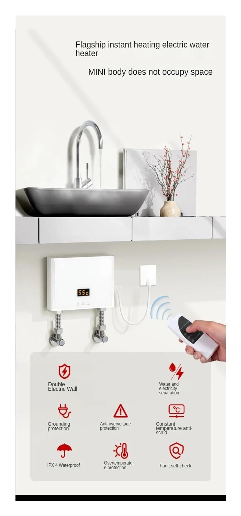 Calentador De Agua Eléctrico Instantáneo Sin Tanque, Con Panel Táctil, Control Remoto, Accesorio For Cocina Y Baño Fácil de usar(Nero,110 4000W)