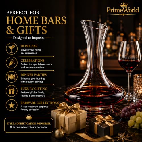 Image of PrimeWorld European 1500 ml Open Crystal Clear Glass Decanter Set of 1 Pcs - Perfect for Whiskey, Scotch, Wine, Vodka, Tequila, Rum etc