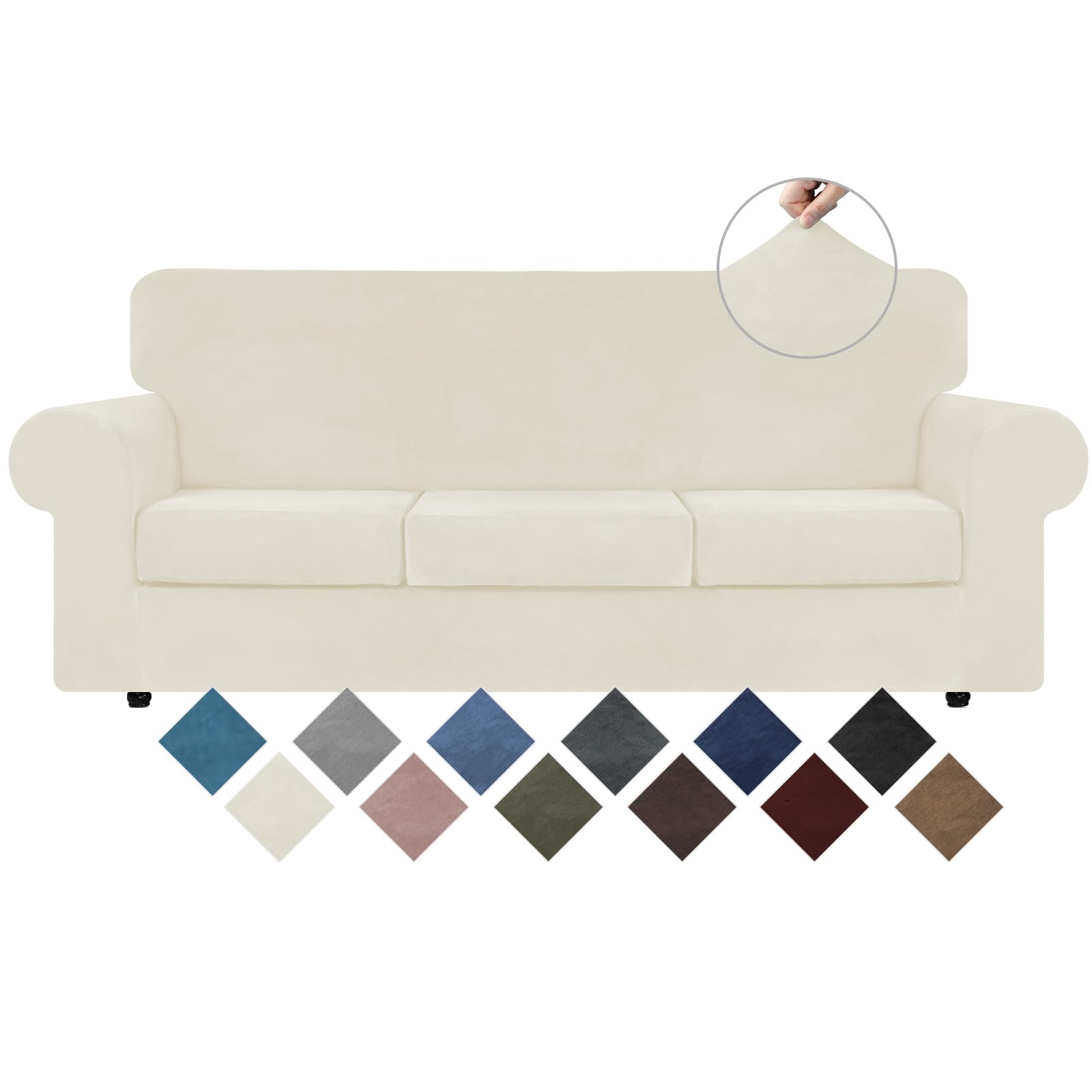 weerrw 4 pieces velvet high stretch couch covers for 3 cushion couch sofa slipcovers, washable furniture protector with non slip elastic bottom, feature soft and thick plush fabric, ivory, large