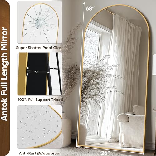 Full Length Mirror, 68"x26" Floor Mirror, Floor Standing Freestanding Arch Full Body Mirror with Stand for Bedroom, Hanging Mounted for Living Room Cloakroom, Gold