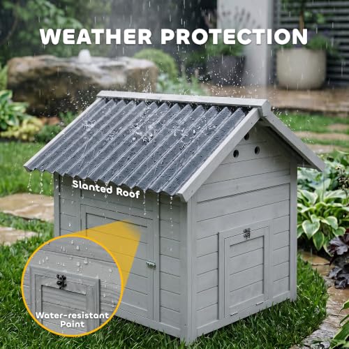 Image of PawHut Duck Coop, Wooden Duck House, Outdoor Small Animal House with Openable Roof, Double Doors, Removable Base for 1-3 Ducks, Chickens, Rabbits, Cats, Light Gray