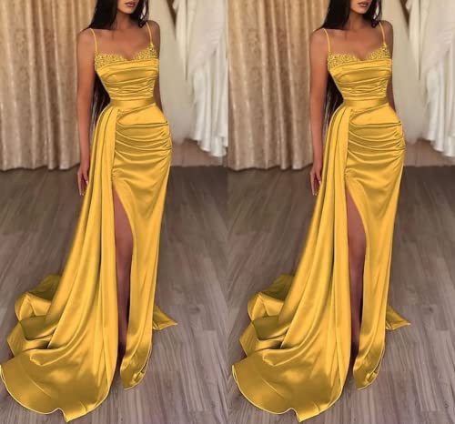 Women's Prom Dresses with Slit Spaghetti Strap Sparkly Mermaid Pleated Beading Stain Formal Evening Gowns2