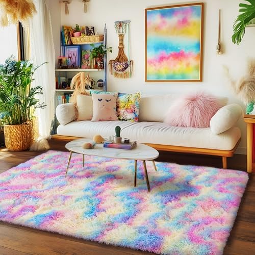 Rainbow Rug for Girls Bedroom, 5x7 Area Rug for Cute Girls Room, Bedside Indoor Floor Fluffy Shag Carpet, Plush Soft Rug for Living Room Nursery Dorm Home Decor