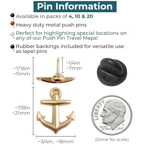 Image of Anchor Push Pins - Gold Metal Anchor Pins - for Cork Board, Maps, or Lapel Pin Use - Designed in USA - Set of 4