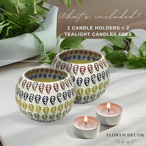 Image of Floryn Decor Morrocan Mosaic Candle Holders | Home Light Decorations Items | Mosaic Glass Tealight Holder | Best lamp for Diwali Decoration | Pack of 2 (with 2 Tealight Candle Free)