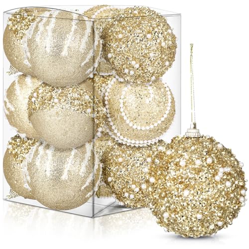 Liliful 12 Pcs Christmas Ball Ornaments Christmas Tree Decorations Shatterproof Foam Glitter Balls Hanging Xmas Tree Ornaments for Home New Year Holiday Indoor Outdoor Party Decor(Gold,3.54 Inch)