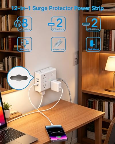 Image of 10 Ft Flat Plug Extension Cord with Multiple Outlets, Surge Protector Power Strip 10 Ft Long Cord, 8 Outlet 4 USB Ports (2 USB C), Multi Outlet Wall Plug for Office, College, Dorm Room Essentials