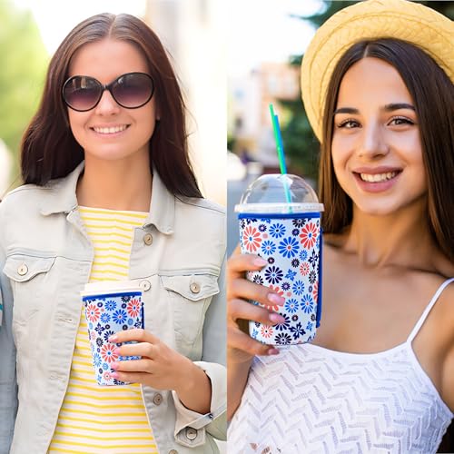 Image of KJQJLY 3 Pack Reusable Iced Coffee Sleeves for Iced Coffee Cups or Drinks Reusable Neoprene Insulated Sleeves for Hot and Cold Drinks from Starbucks, Dunkin, And More (Blue Flower)