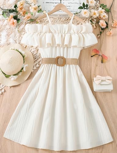 Happy Cherry Girls Ruffle Trim Off Shoulder Dress with Belt Spaghetti Strap Sundress Summer Sleeveless Midi Dresses 8-123